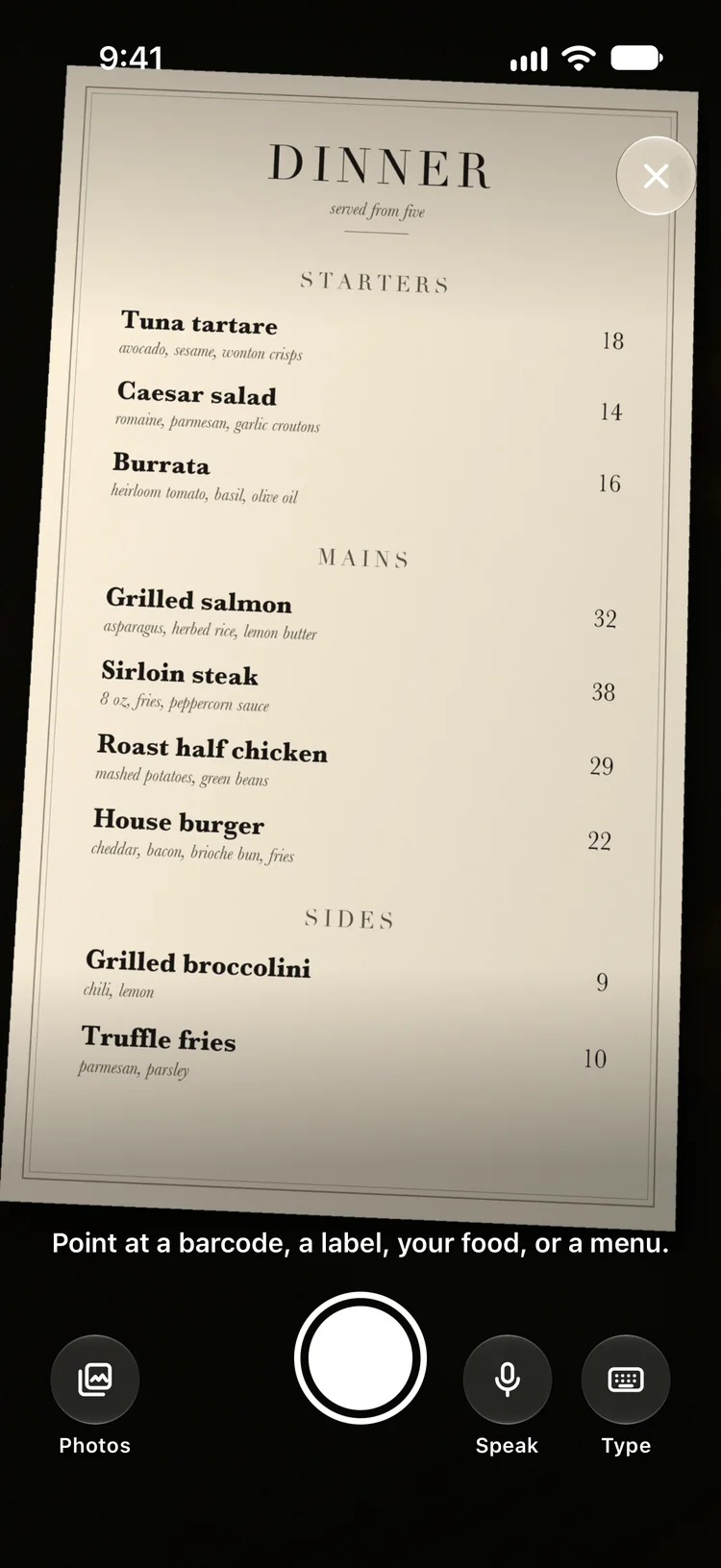 The food camera pointed at a dinner menu