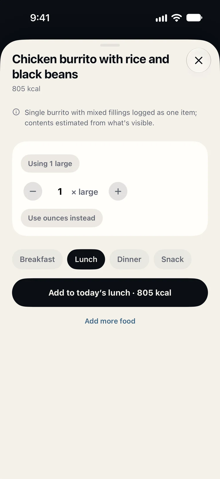 Chicken burrito with rice and black beans, 805 calories, counted as 1 large, and the button: Add to today’s lunch