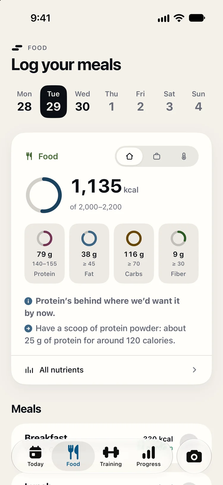 The Food tab after lunch: 1,135 of 2,000 to 2,200 calories