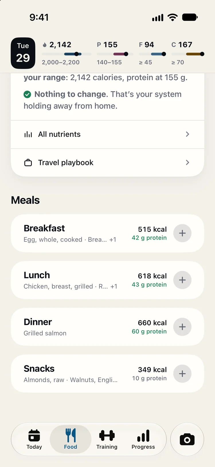 The day while traveling: 2,142 of 2,000 to 2,200 calories, protein 155 g, read back as a road day that landed inside the range; dinner, grilled salmon, 660 calories and 60 g protein.