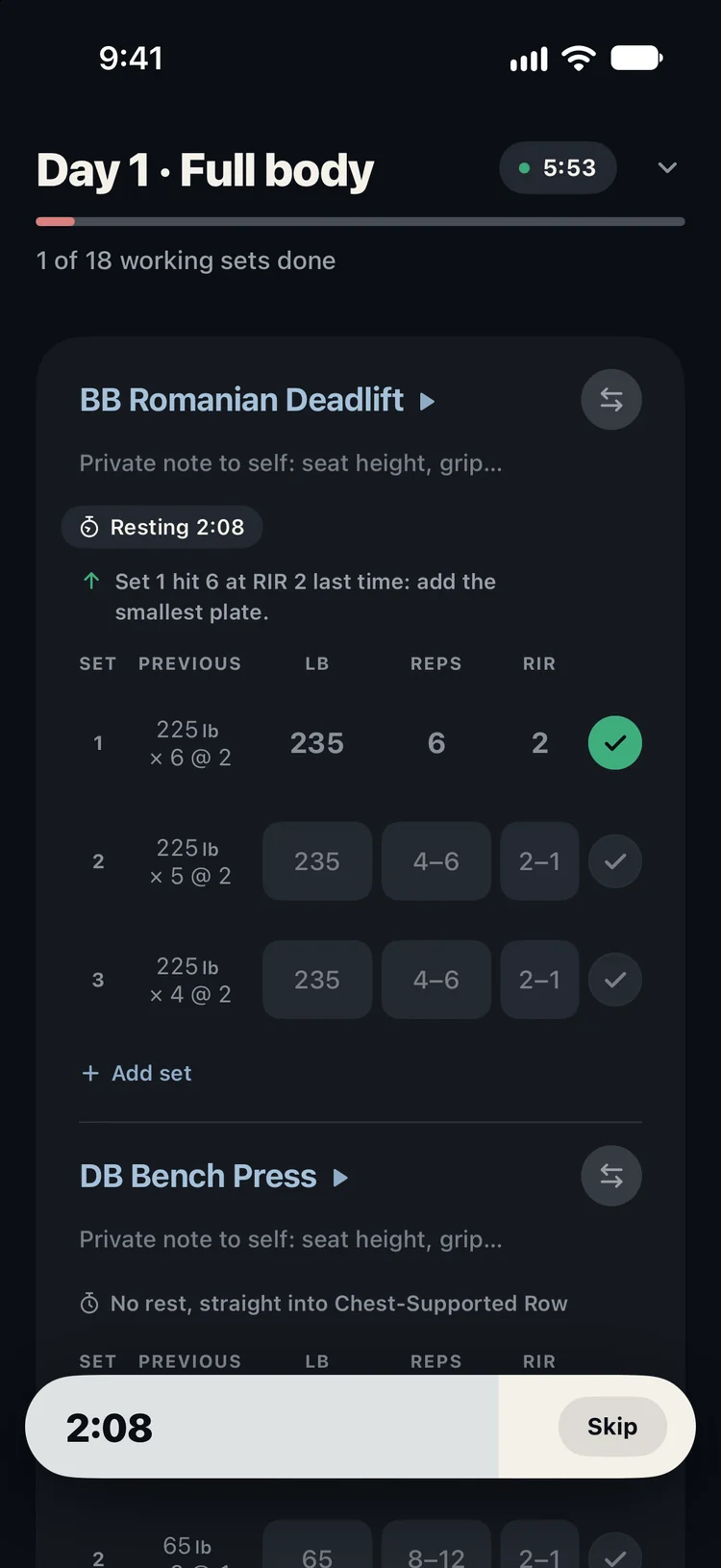 A workout: set 1 hit 6 reps with 2 in reserve last time, add the smallest plate.