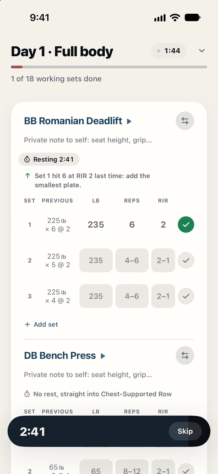 Set 1 hit 6 reps with 2 in reserve last time: add the smallest plate. Set 1 logged at 235 lb for 6, the rest timer running.